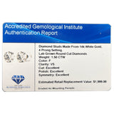 1.50 CTW Lab-Grown Diamond Stud Earrings in 14K White or Yellow Gold β F Color, VS Clarity | AGI Certified