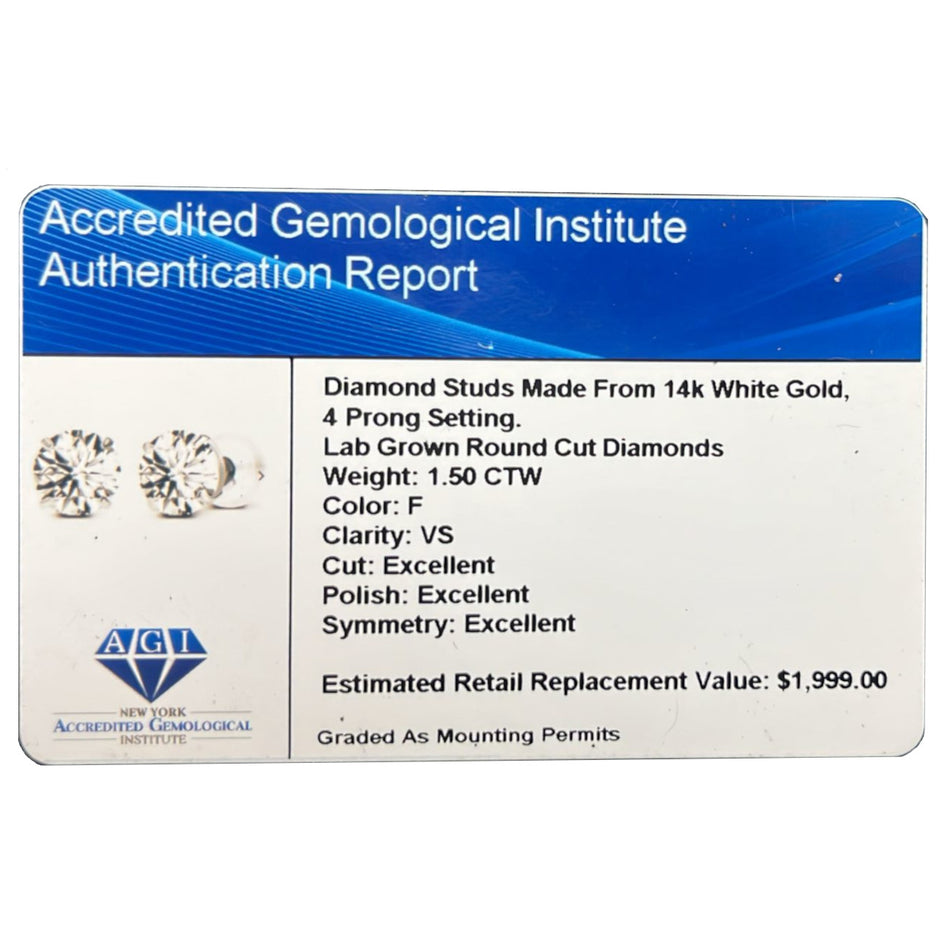 1.50 CTW Lab-Grown Diamond Stud Earrings in 14K White or Yellow Gold β F Color, VS Clarity | AGI Certified