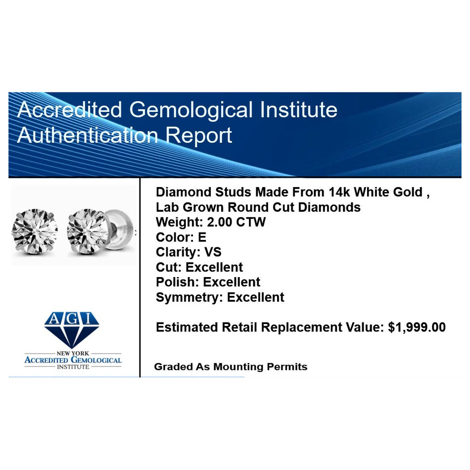 2.00 CTW AGI Certified Lab-Grown Diamond Stud Earrings in Solid 14K Gold – E Color, VS Clarity