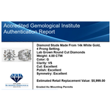 4.00 CTW AGI Certified Lab Grown Diamond Stud Earrings in 14K White or Yellow Gold - G Color VS Clarity