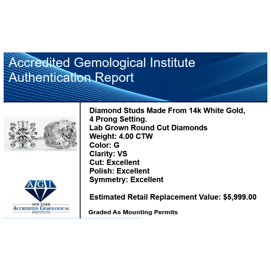 4.00 CTW AGI Certified Lab Grown Diamond Stud Earrings in 14K White or Yellow Gold - G Color VS Clarity