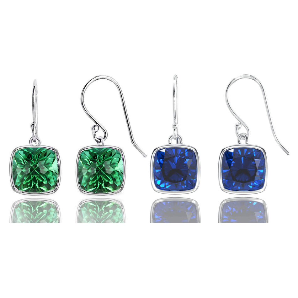 2 Pair Pack: 9.00 CTW Cushion Cut Blue Sapphire & Emerald Drop Earrings Set in .925 Sterling Silver – Lab Grown, 8mm Square Gems