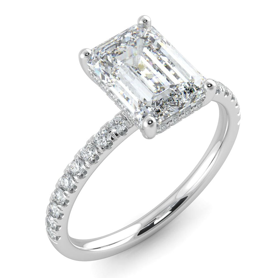 AGI Certified 7.35 CTW Emerald Cut Lab Grown Diamond Pave Engagement Ring in 14K White Gold