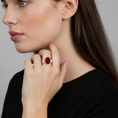 2.00CTW Lab-Grown Oval Ruby & Diamond Three-Stone Engagement Ring in 14K Gold Over Sterling Silver
