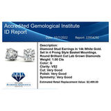 1.50 CTW Lab Grown Diamond Round Stud Earrings in 14K Solid Gold – G/VS Certified