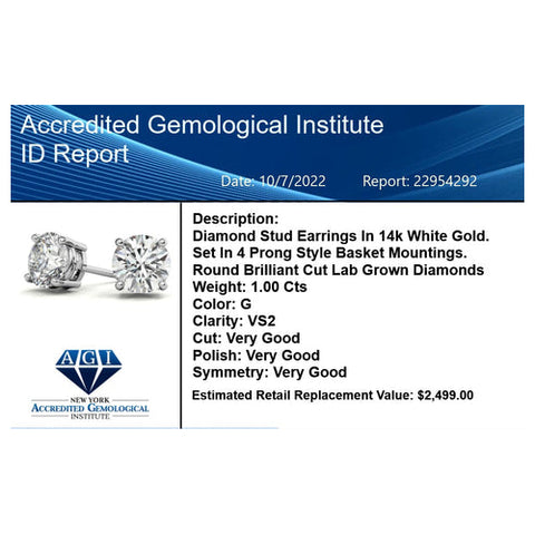 1.50 CTW Lab Grown Diamond Round Stud Earrings in 14K Solid Gold – G/VS Certified