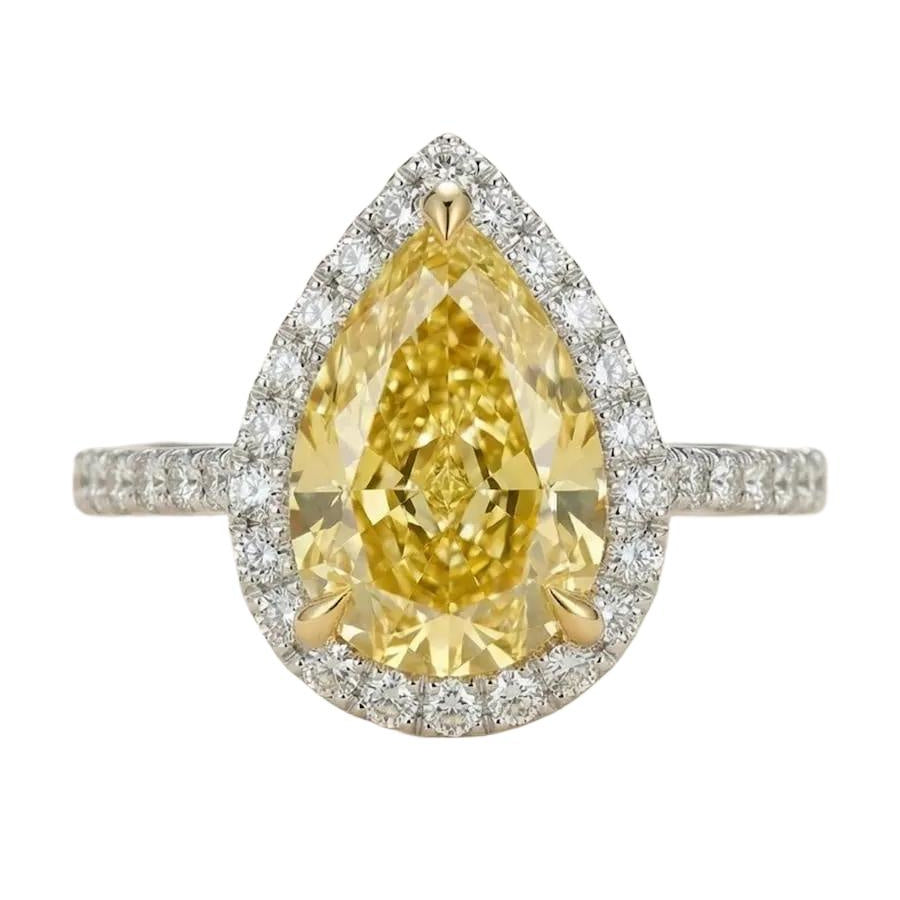 AGI Certified 2.50 CTW Fancy Yellow Pear Cut Lab Grown Diamond Halo Engagement Ring in 14K White Gold