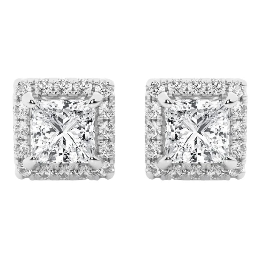 2.00 CTW Princess Cut Created White Sapphire Halo Stud Earrings in 14K White Gold Overlay