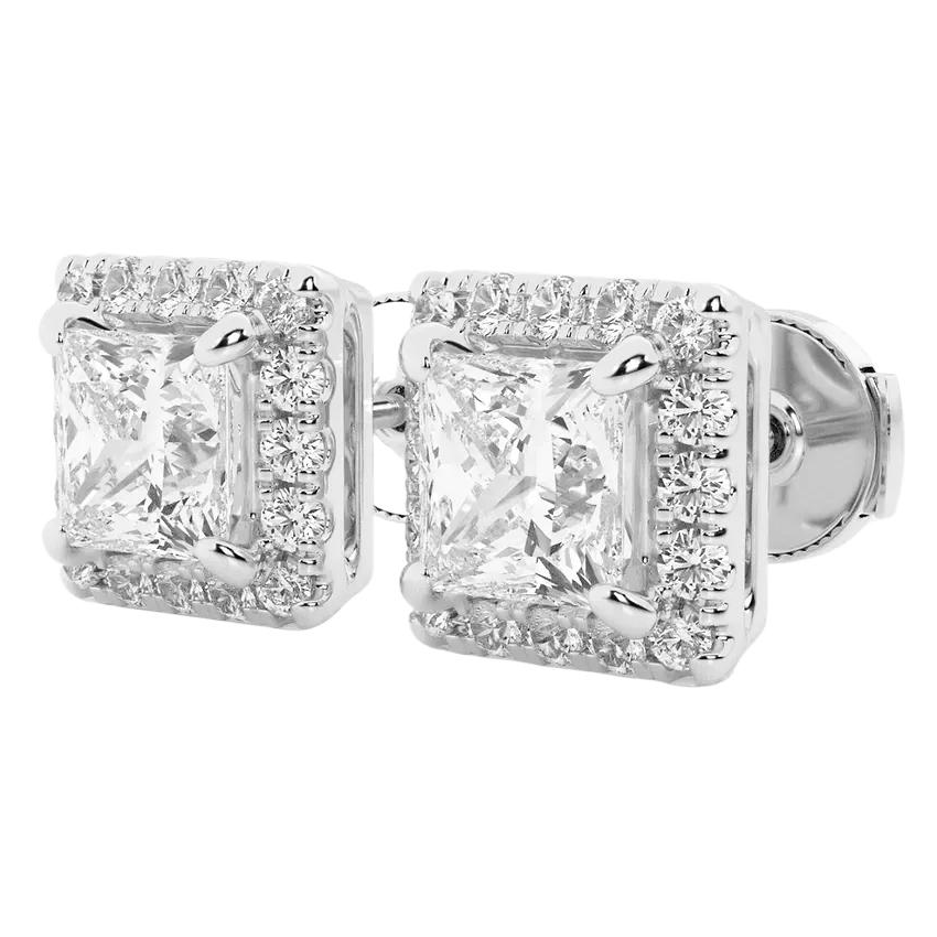 2.00 CTW Princess Cut Created White Sapphire Halo Stud Earrings in 14K White Gold Overlay
