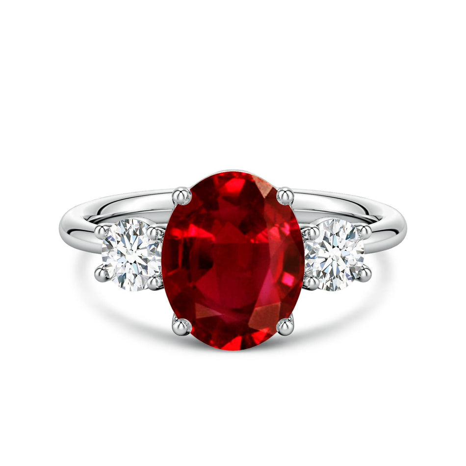 2.00CTW Lab-Grown Oval Ruby & Diamond Three-Stone Engagement Ring in 14K Gold Over Sterling Silver