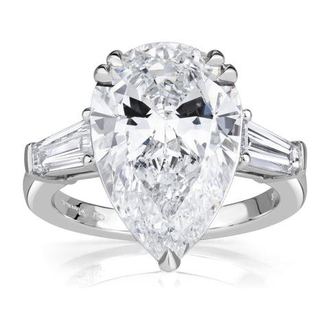 AGI Certified 4.65 CTW Pear Shaped Lab Grown Diamond Engagement Ring with Tapered Baguette Side Stones