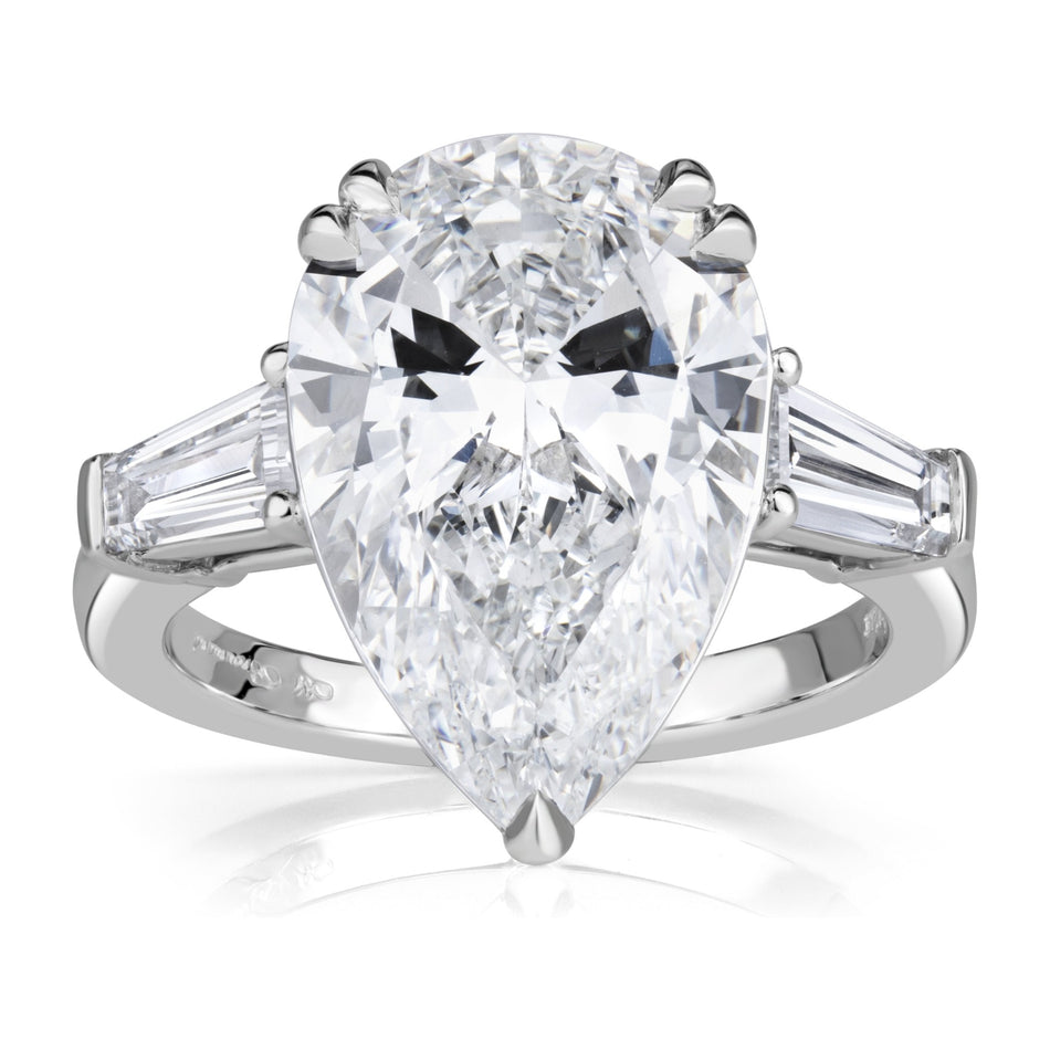 AGI Certified 4.65 CTW Pear Shaped Lab Grown Diamond Engagement Ring with Tapered Baguette Side Stones