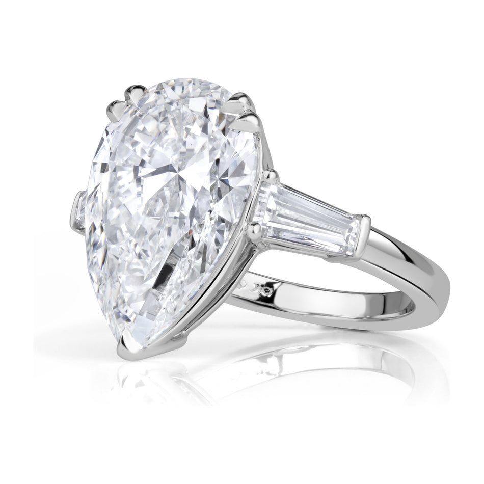 AGI Certified 4.65 CTW Pear Shaped Lab Grown Diamond Engagement Ring with Tapered Baguette Side Stones