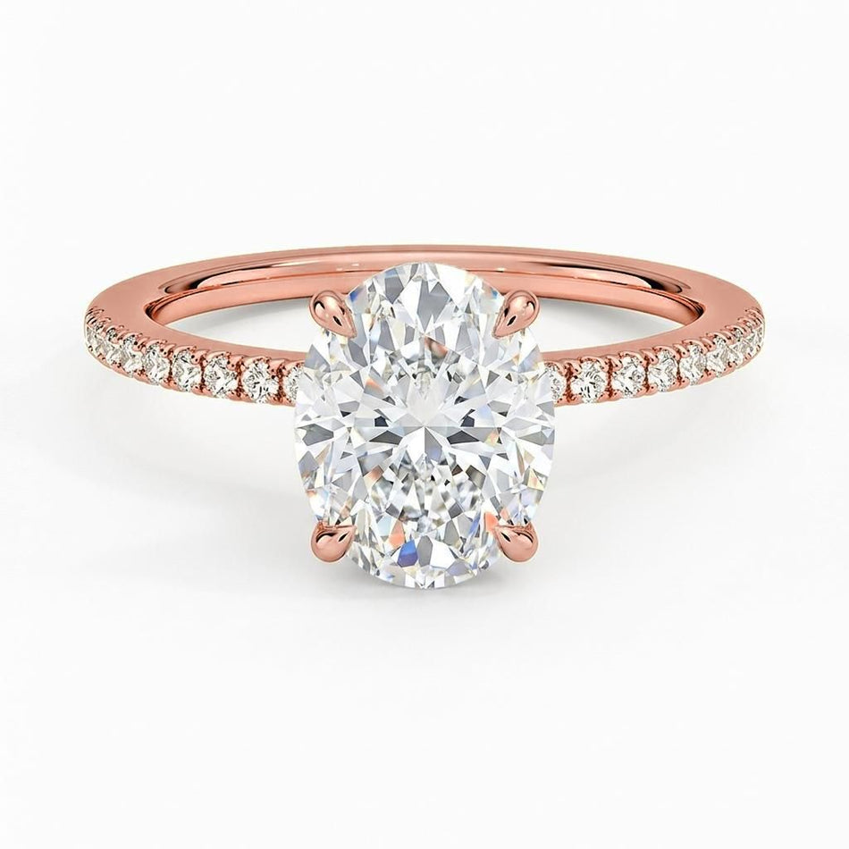 4.50 CTW AGI Certified Oval Lab Grown Diamond Solitaire Engagement Ring with Pave Band in 14K Gold