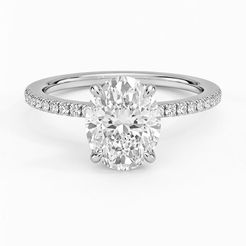 4.50 CTW AGI Certified Oval Lab Grown Diamond Solitaire Engagement Ring with Pave Band in 14K Gold