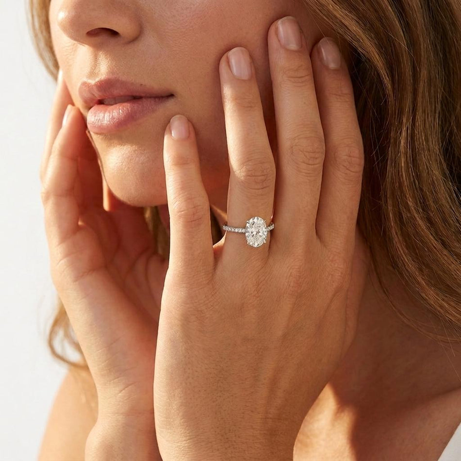 4.50 CTW AGI Certified Oval Lab Grown Diamond Solitaire Engagement Ring with Pave Band in 14K Gold