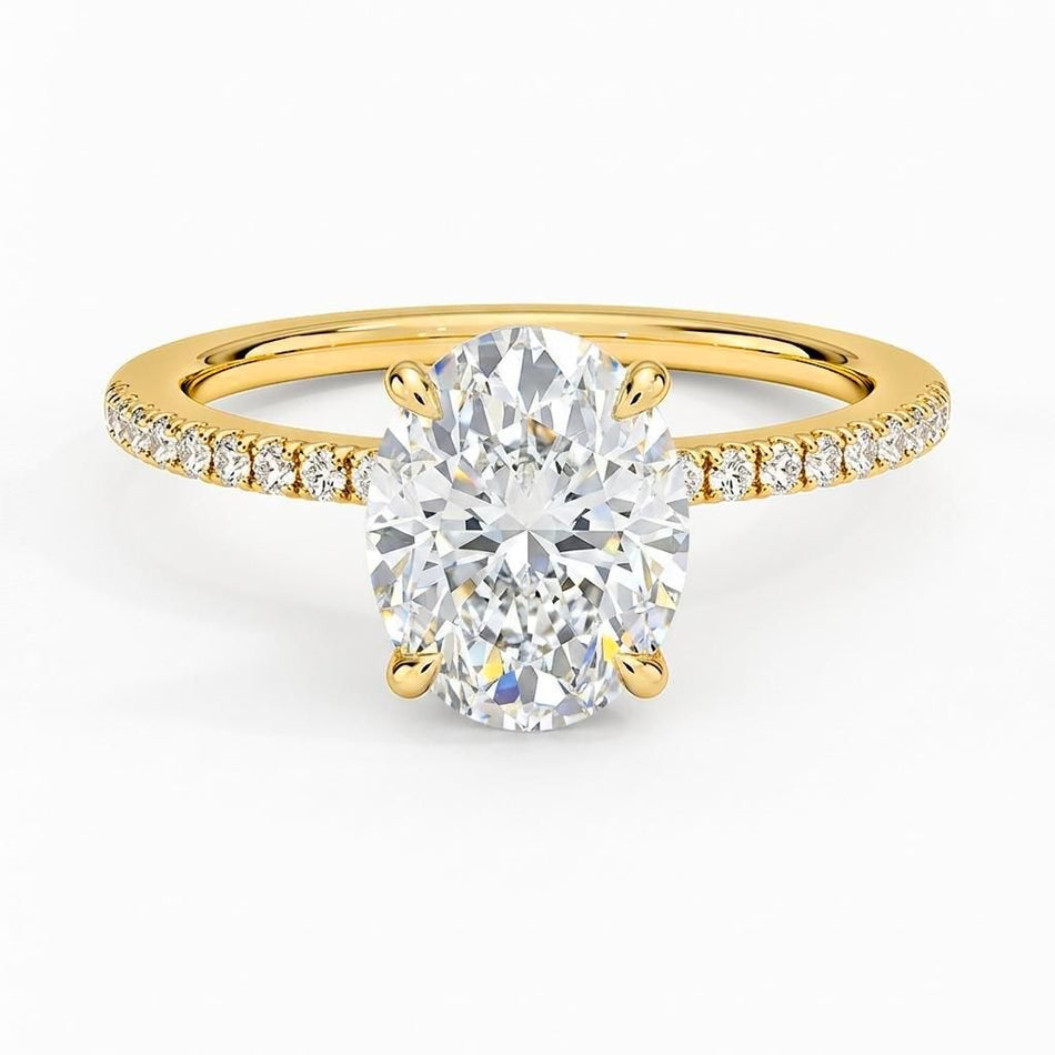 4.50 CTW AGI Certified Oval Lab Grown Diamond Solitaire Engagement Ring with Pave Band in 14K Gold