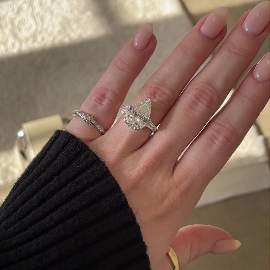 AGI Certified 4.65 CTW Pear Shaped Lab Grown Diamond Engagement Ring with Tapered Baguette Side Stones - 14K White Gold