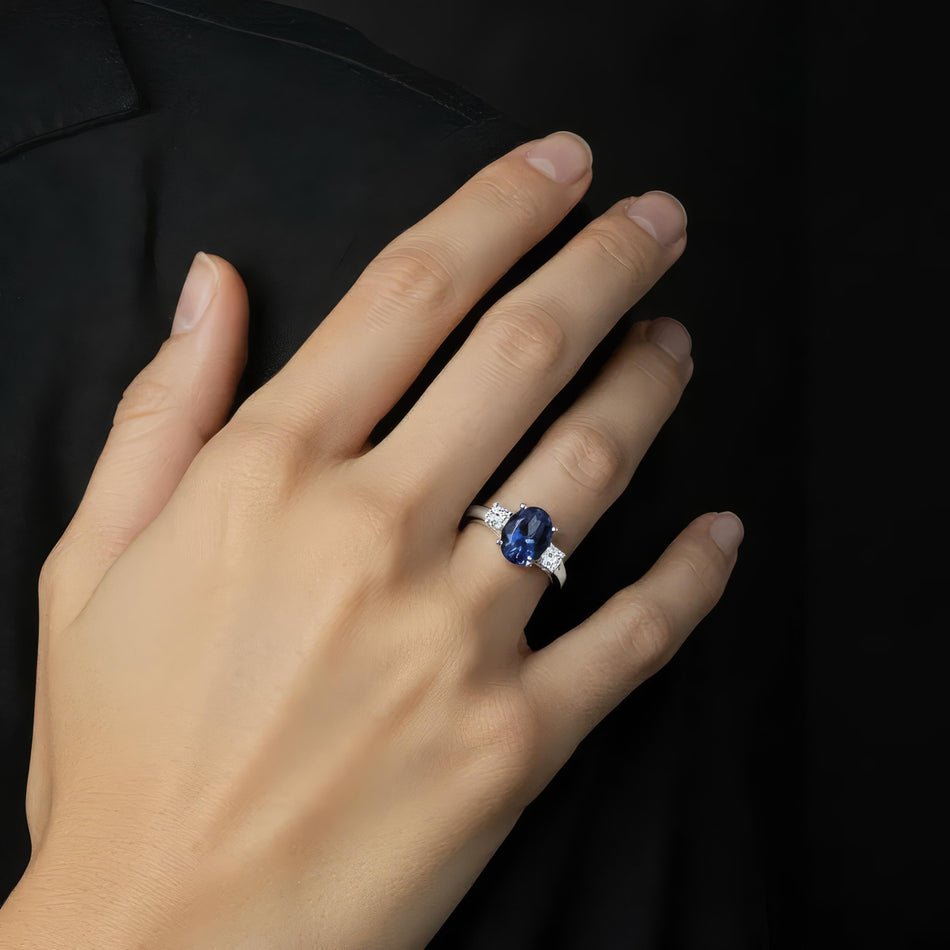 AGI Certified 2.00 CTW Oval Blue Sapphire Diamond 3 Stone Ring 14kt White Gold over Sterling