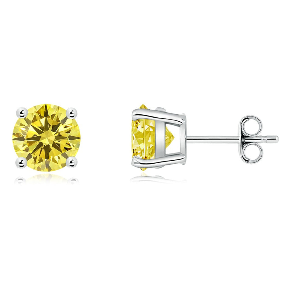 AGI Certified 1.00 CTW Basket-Set Solitaire Fancy Yellow VS Lab Diamond Solitaire Stud Earrings - 14K Gold