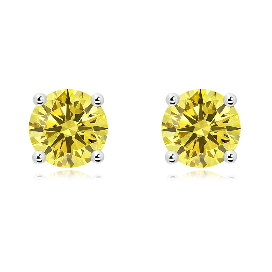 AGI Certified 1.00 CTW Basket-Set Solitaire Fancy Yellow VS Lab Diamond Solitaire Stud Earrings - 14K Gold