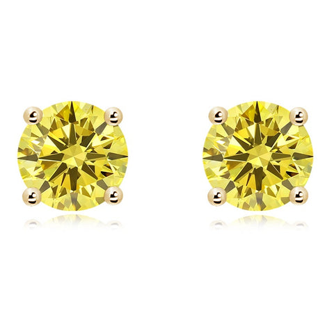 AGI Certified 1.50 CTW Fancy Yellow Lab-Grown Diamond Solitaire Stud Earrings in 14K Gold