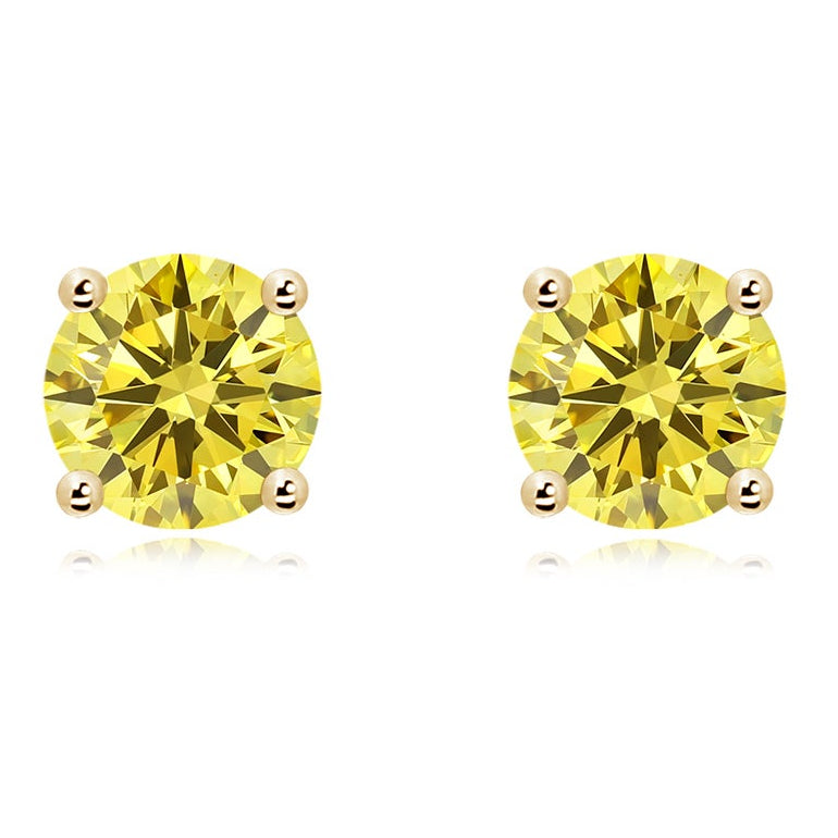 AGI Certified 1.00 CTW Basket-Set Solitaire Fancy Yellow VS Lab Diamond Solitaire Stud Earrings - 14K Gold
