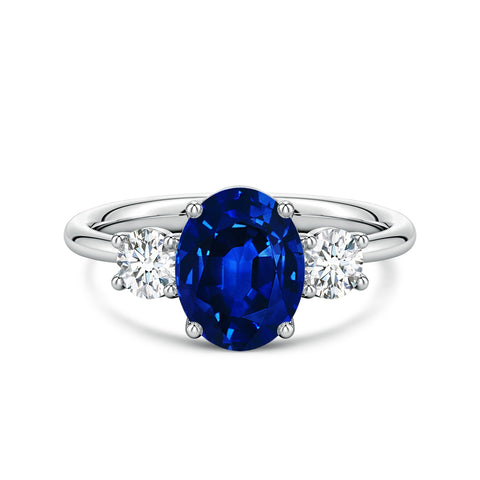 2.50 CTW Oval Lab-Grown Blue Sapphire Diamond Three-Stone Engagement Ring AGI Certified 8×6mm 14K White Gold