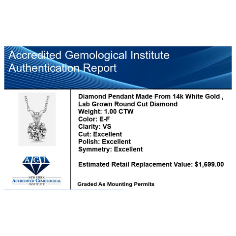 1 Ctw Round Lab Grown Diamond Pendant Necklace in 14K Gold | AGI Certified | E-F Color, VS1-VS2 Clarity | 18 Inch Chain
