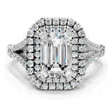 Certified 4.50 CTW Emerald Cut Moissanite Double Halo Split Shank Engagement Ring 14K Over .925