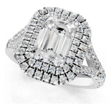 Certified 4.50 CTW Emerald Cut Moissanite Double Halo Split Shank Engagement Ring 14K Over .925