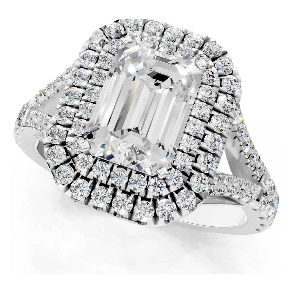 Certified 4.50 CTW Emerald Cut Moissanite Double Halo Split Shank Engagement Ring 14K Over .925