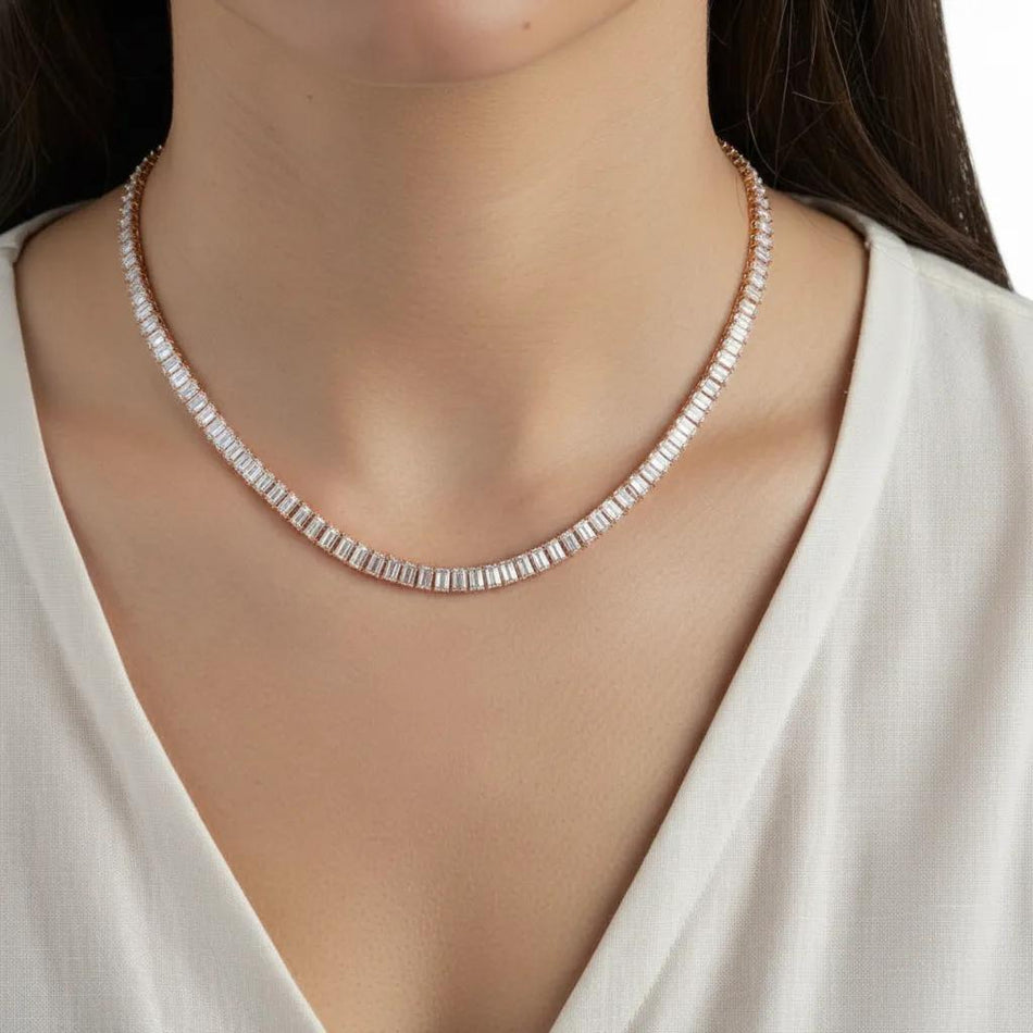 30 CTW Emerald-Cut Created White Sapphire Tennis Necklace in 14K Rose Gold Overlay - 18"