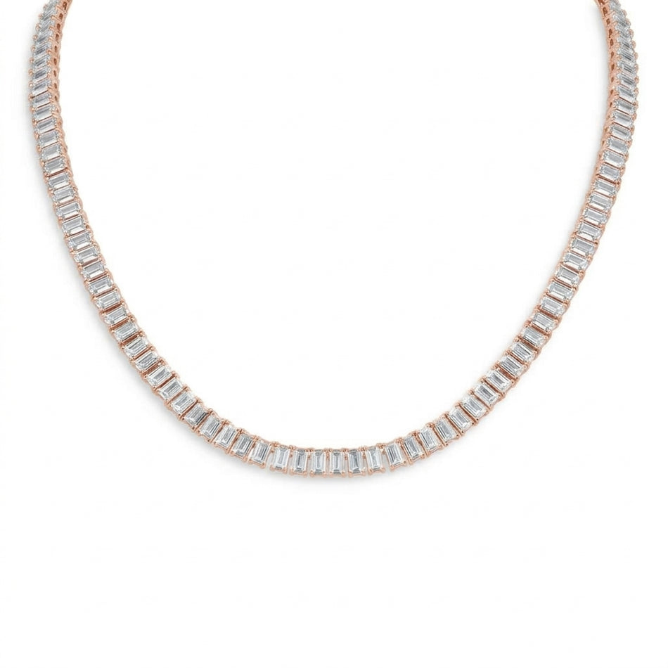 30 CTW Emerald-Cut Created White Sapphire Tennis Necklace in 14K Rose Gold Overlay - 18"