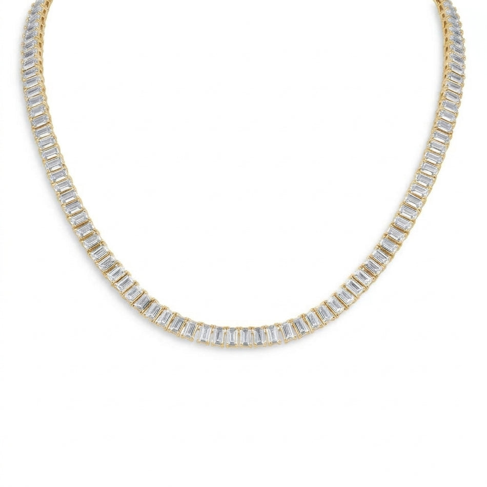 18" Emerald-Cut Moissanite Tennis Necklace in 14K Yellow Gold Overlay – 30 CTW