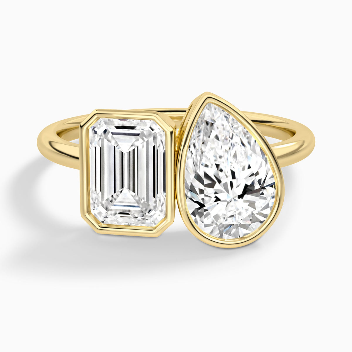 VossAgin AGI Certified 4.00 CTW Toi et Moi Emerald & Pear Lab Diamond Bezel Ring in 14K Yellow Gold