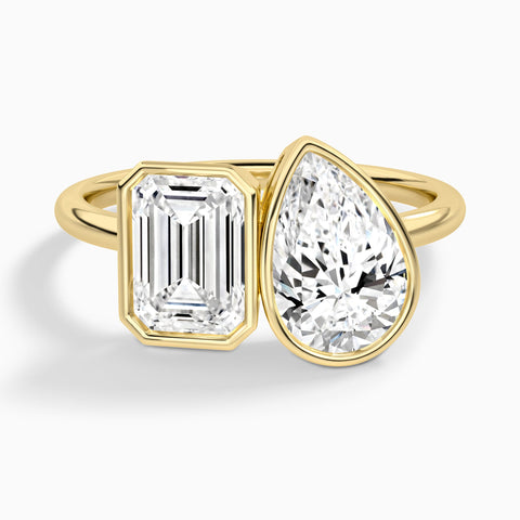 AGI Certified 4.00 CTW Toi et Moi Emerald & Pear Lab Diamond Bezel Ring in 14K Yellow Gold