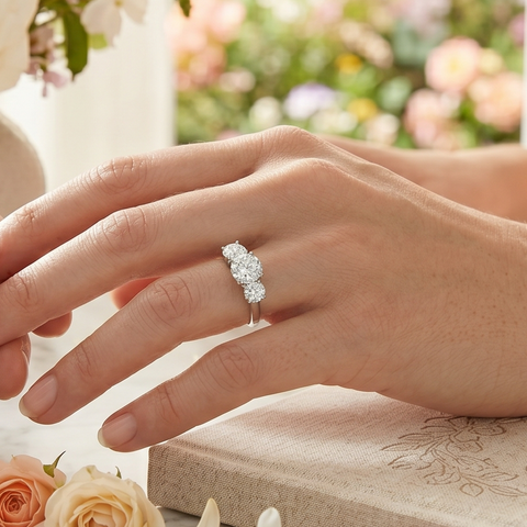 AGI Certified 2 CTW Classic Three-Stone Round Lab-Grown Diamond Engagement Ring – G/VS – 14K White Gold Over Sterling