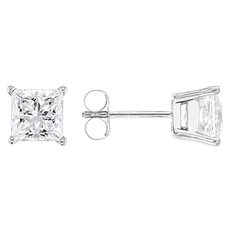 AGI Certified 2.00 CTW Princess Cut Lab Diamond Stud Earrings in 14K Gold Over Sterling Silver