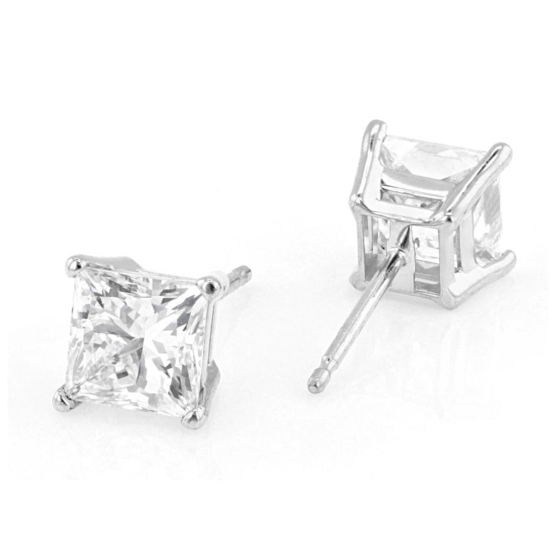 AGI Certified 2.00 CTW Princess Cut Lab Diamond Stud Earrings in 14K Gold Over Sterling Silver