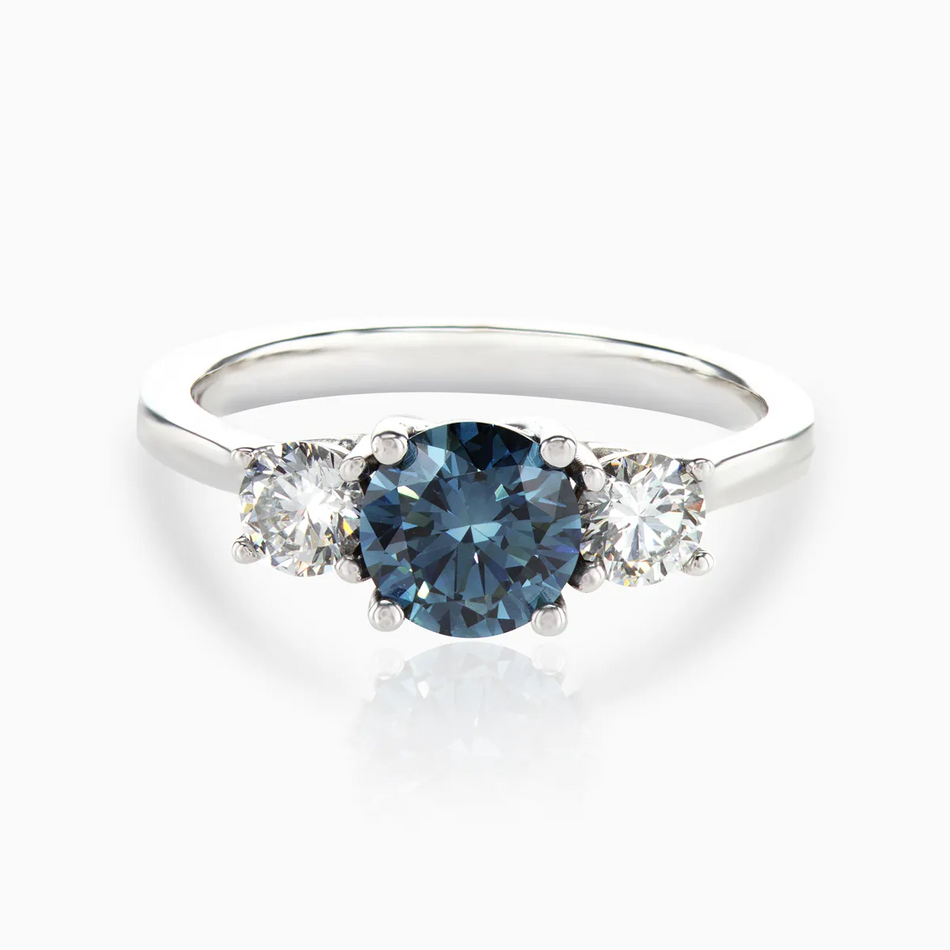 AGI Certified 2.00ctw Lab-Grown Blue Diamond Three-Stone Engagement Ring in 14K White Gold with Round Brilliant Side Diamonds