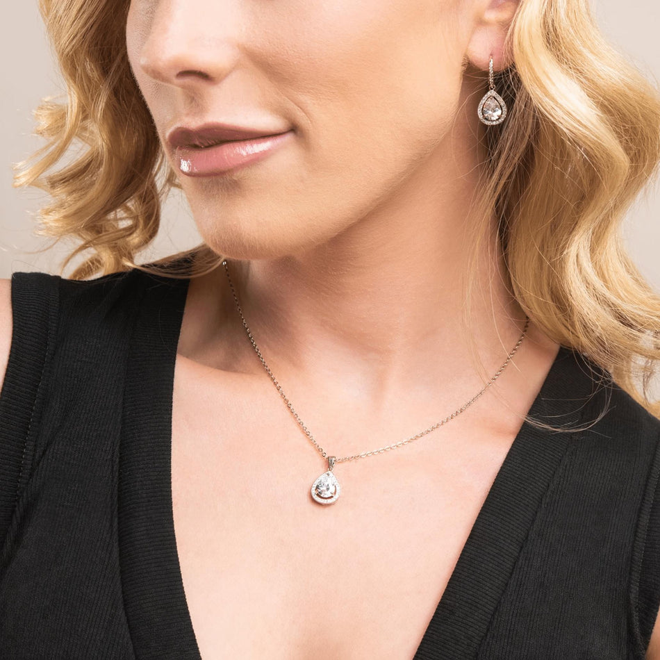 2.00 CTW Pear-Cut White Sapphire Halo Pendant Necklace with 14K Gold Overlay