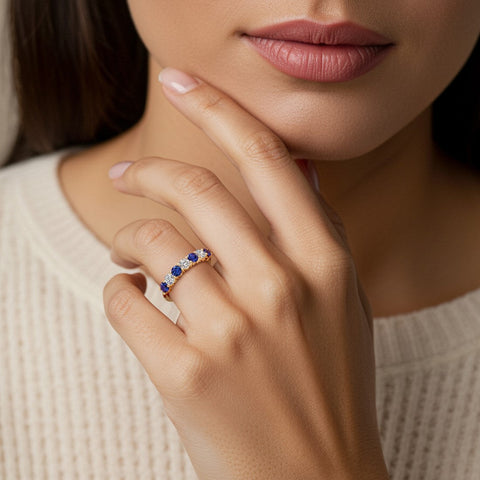 AGI Certified 2.00 CTW Alternating Blue Sapphire & Lab Grown Diamond 7-Stone Half Eternity Ring Band in 14K Gold Over Sterling Silver