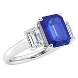AGI Certified 6.50 CTW Lab-Grown Emerald-Cut Blue Sapphire and Diamond Three Stone Engagement Ring in 14K White Gold