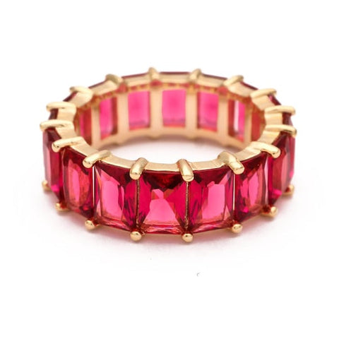 5.00 CTW Lab Grown Red Ruby Emerald Cut Eternity Ring in 18K Gold Over Sterling Silver