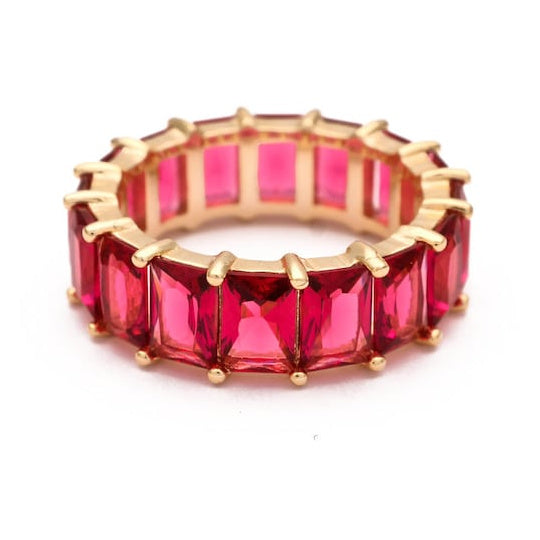 5.00 CTW Lab Grown Red Ruby Emerald Cut Eternity Ring in 18K Gold Over Sterling Silver