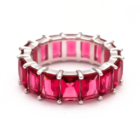 5.00 CTW Lab Grown Red Ruby Emerald Cut Eternity Ring in 18K Gold Over Sterling Silver