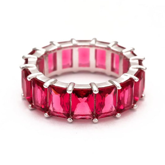 5.00 CTW Lab Grown Red Ruby Emerald Cut Eternity Ring in 18K Gold Over Sterling Silver