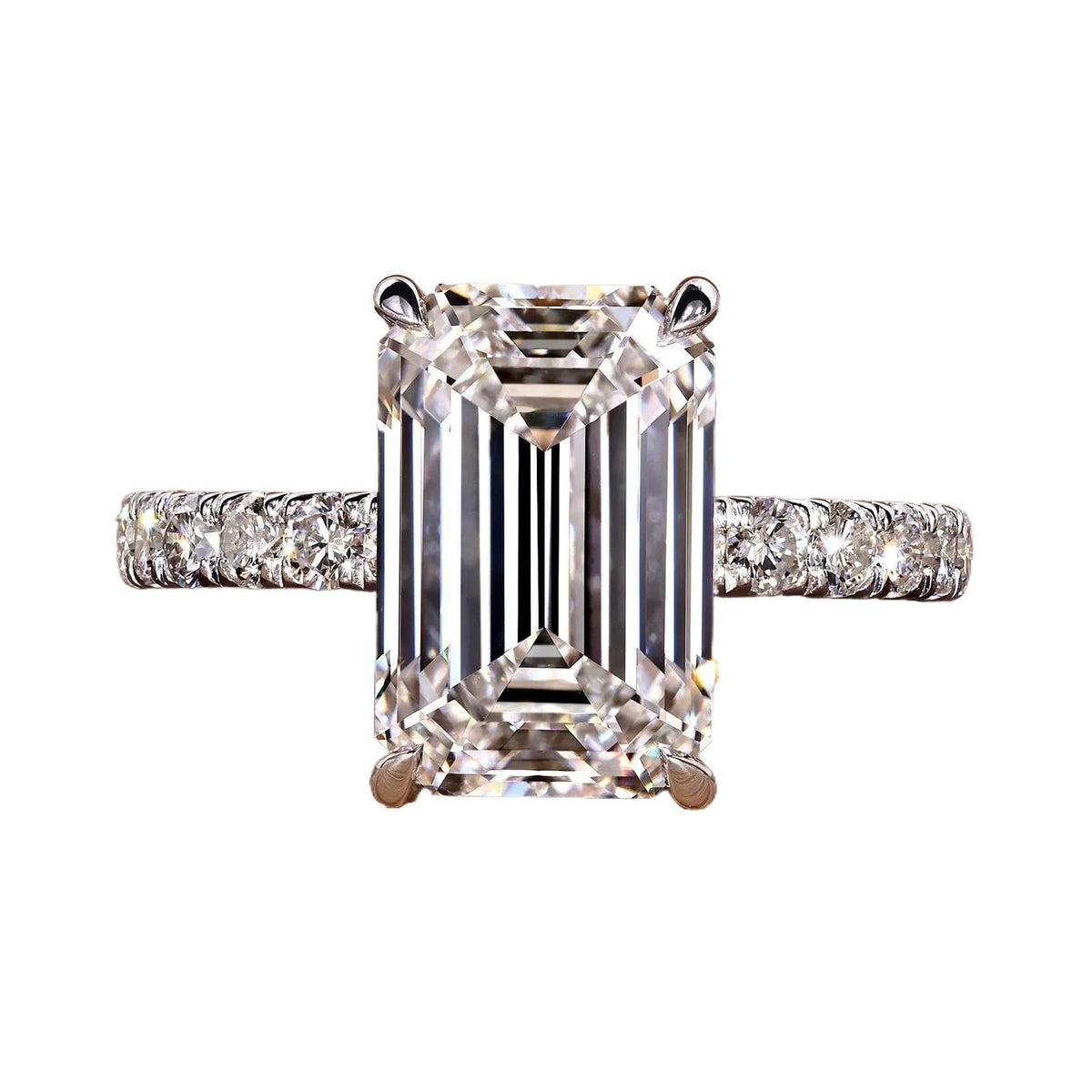 VossAgin AGI Certified 7.35 CTW Emerald Cut Lab Grown Diamond Pave Engagement Ring in 14K White Gold