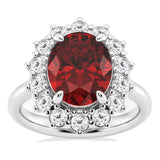 AGI Certified 3CTW Oval Lab Ruby Princess Diana Ring With Lab Diamond Halo in Choice of 14K White or Yellow Gold - 9x7mm